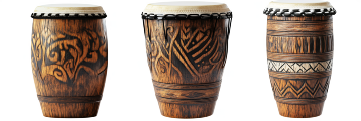 Handcrafted wooden drums with intricate carvings and designs for musical performance, isolated object