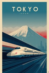 Vintage Tokyo Japan travel poster with Shinkansen bullet train and Mount Fuji