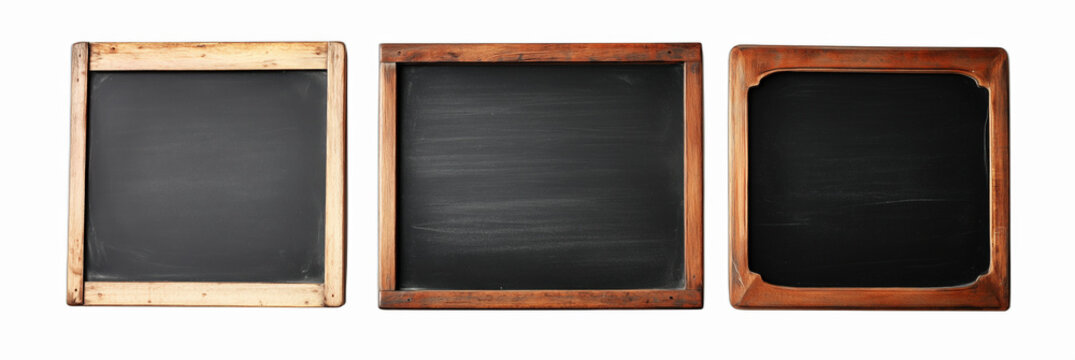 Three vintage chalkboards in wooden frames for creative writing and decoration, for design template