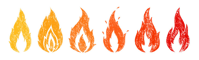 Crayon drawn red fire flames icons collection. Hand drawn doodle flames stickers. Punk or rock style. Burning vector symbols, Fire flame icon. Crayon vector logo. Flame simple illustration