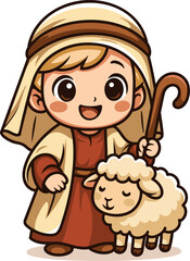 Cute cartoon illustration of a shepherd boy holding a staff with a little sheep. Nativity scene character for Christmas, isolated on white background.