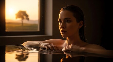 Womans Serene Bath at Sunset - A Moment of Reflection.