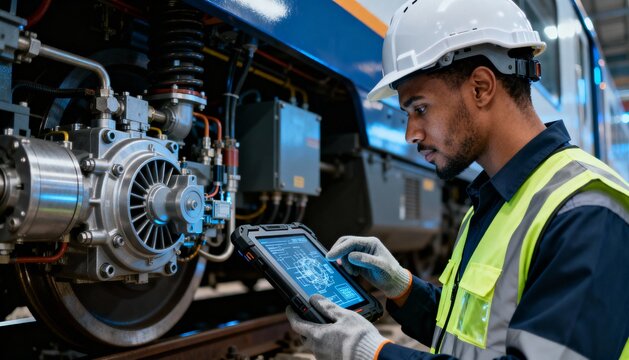 Skilled Engineer Using Rugged Tablet for Digital Diagnostics on Locomotive Wheel System in Industrial Facility