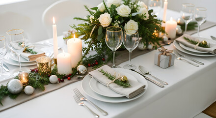 Christmas table setting, new year festive dining outdoors in a garden restaurant, christmas decorations, banquet, candles and lights, elegant table layout with flowers.