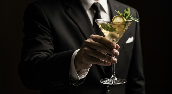 Man in suit holds cocktail glass with garnish against dark background.