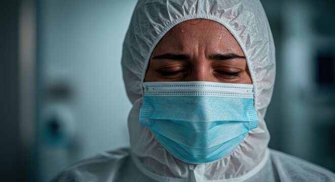 Health worker in protective suit and mask with eyes closed indoors.