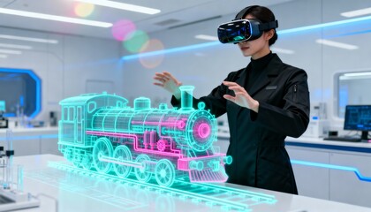 Immersive Engineering Woman in VR headset interacts with holographic 3D steam locomotive model in a futuristic RD lab