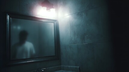 Fototapeta premium A blurry translucent figure is faintly reflected in a fogged bathroom mirror illuminated by unsettling dim overhead lights