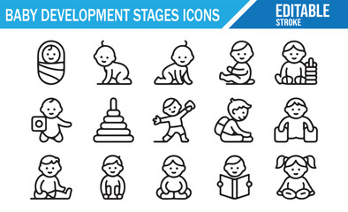 Fototapeta premium Baby growth stages outline icons representing crawling, sitting, and playing steps