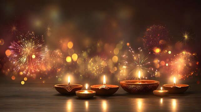 Indian festival Diwali, Diya oil lamps lit on colorful rangoli. Happy Deepavali. Copy space for text.