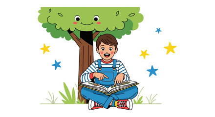 Young Boy Reading Book Under Tree With Smiling Face and Colorful Stars Illustrative
