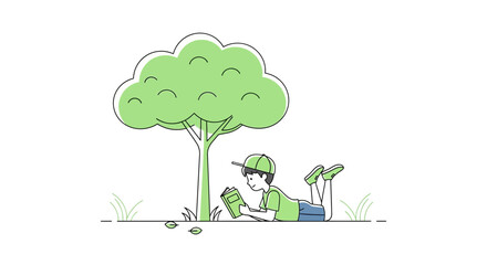 Young Boy Reading Under a Tree, Enjoying Peace and Solitude in Nature's Embrace