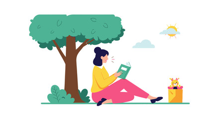 Woman Relaxing Under a Tree While Reading a Book in a Peaceful Springtime Setting