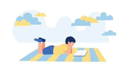 Young Boy Reading Outdoors Under a Cloudy Sky While Enjoying a Book