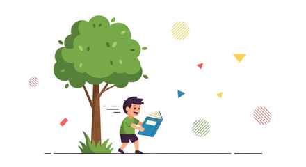 Young Boy Reading Under Tree Enjoys Reading Beside Decorative Shapes