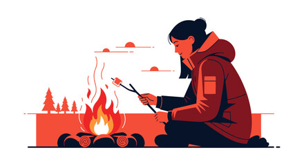 Woman Roasting Marshmallow on Fire as Part of Camping or Outdoor Recreation Activities