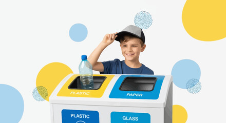 Young Boy Smiling While Recycling Plastic Bottle Into The Appropriate Bin