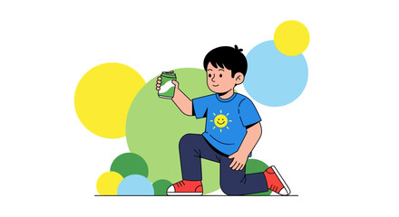 Young Boy Smiling, Holding Beverage Container While Kneeling With Colorful Background