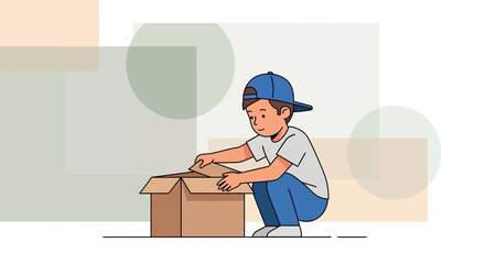 Young Boy Unboxing a Cardboard Package with Enthusiasm and Joyous Anticipation