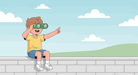 Young Boy Uses Binoculars To Explore The World and Discover Wonders Around Him