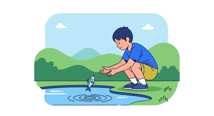 Young Boy Watching A Fish Jumping Back Into The Water, Outdoor Fun Concept