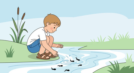 Young Boy Watching Tadpoles Swim In A Refreshing Clear Stream In A Natural Setting