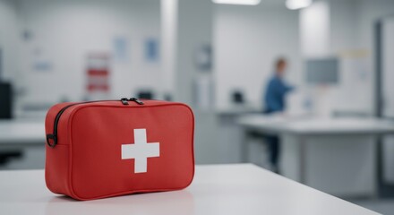 Red first aid kit on a white table in a blurred office setting.