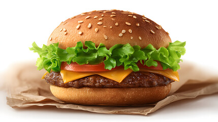 Delicious cheeseburger with lettuce, tomato, and cheese on sesame seed bun sits on brown paper wrapper, showcasing classic fast food presentation