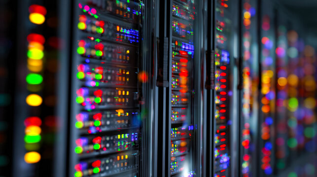 Data servers with colorful indicator lights in a data center