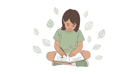 Young Creator Drawing a Plant, Surrounded by Foliage, in a Peaceful And Artistic Scene