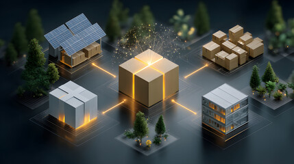 Digital illustration depicts blockchain powered supply chain network with interconnected nodes, including house with solar panels, warehouse, and modern building, symbolizing innovation