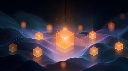 Glowing cubes float above futuristic landscape, symbolizing blockchain technology and digital innovation. ethereal scene conveys sense of mystery and advancement