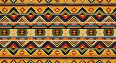 Vibrant geometric textile pattern with tribal influences for bold design projects or eye-catching backgrounds, ideal for creative ethnic style concepts