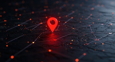 Red location pin on a dark network background with connecting lines and dots.