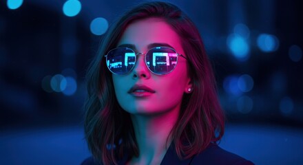 Woman with sunglasses in neon lighting looking up against a blurred background.