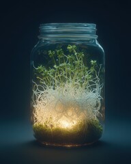 Vibrant Green Sprouts and Roots Illuminated in a Glass Jar Terrarium on Dark Background
