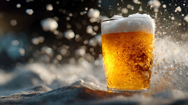 Frothy pint of beer sits on sandy surface, with sunlight illuminating its golden hue and bubbles. background features splashes of water, creating refreshing and dynamic scene