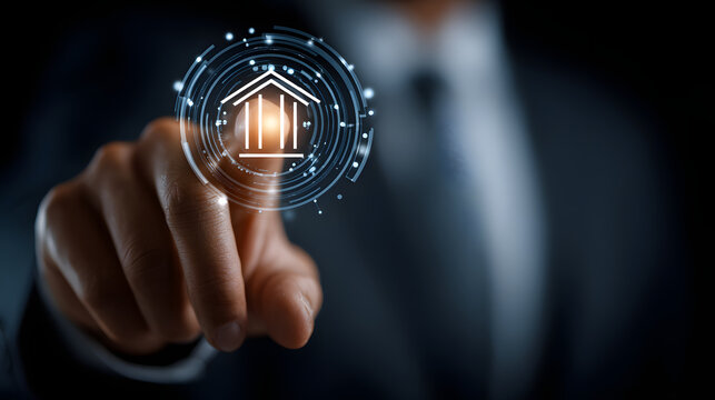 Person in suit interacts with digital interface, touching holographic icon of bank building, symbolizing modern banking technology and innovation