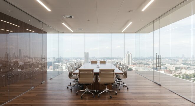 Modern conference room with large table chairs and glass walls overlooking city.