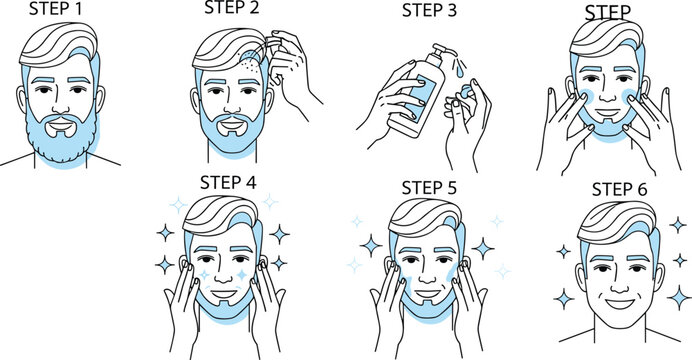 Men skincare routine, grooming steps, facial care, hygiene guide, cartoon illustration, self-care process, beard care, clean face, vector design, beauty tips