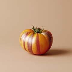 Vibrant red and yellow striped heirloom tomato isolated on a soft beige background.