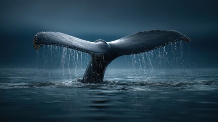 Whale Tail Diving into Ocean, Water Droplets, Dark Blue