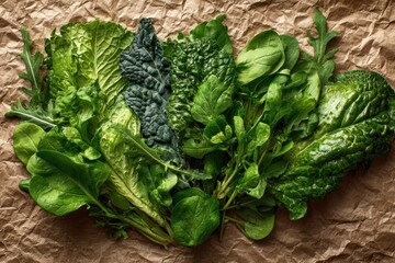Vibrant Mix of Leafy Greens including Kale, Spinach, and Arugula on a Rustic Brown Paper Background