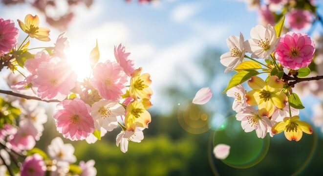 Brightly lit pink white and yellow blossoms on branches suns rays and lens flare soft background falling petals