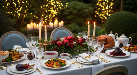 Christmas table setting, new year festive dining outdoors in a garden restaurant, christmas food and decorations, banquet, candles and lights, elegant table layout with fir tree branches and flowers.