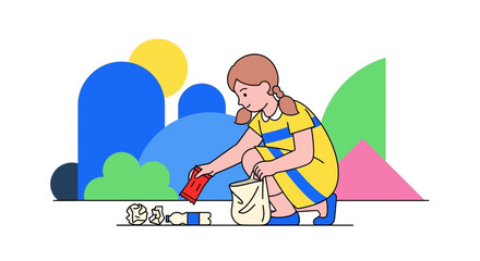 Obraz premium Young Girl Cleans Up Litter, Promoting Environmental Awareness, Saving the Planet