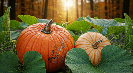 Dew-covered orange and pale orange pumpkins nestled amongst lush green leaves, bathed in soft autumn sunlight, showcasing a harvest or fall theme