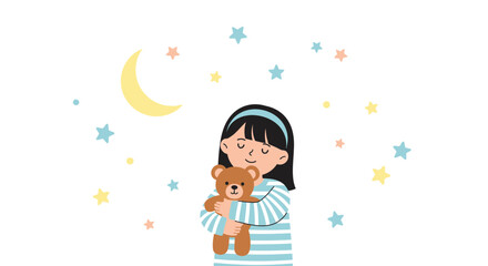 Young Girl Embracing Teddy Bear Under the Moon and Stars in a Peaceful Illustration