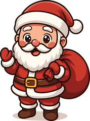 Cartoon Santa Claus with big red sack of gifts. Cute holiday character in kawaii style, isolated on white background.