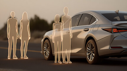 Silhouetted human figures stand near a modern sedan on a road during twilight, illustrating advanced vehicle safety technology.
